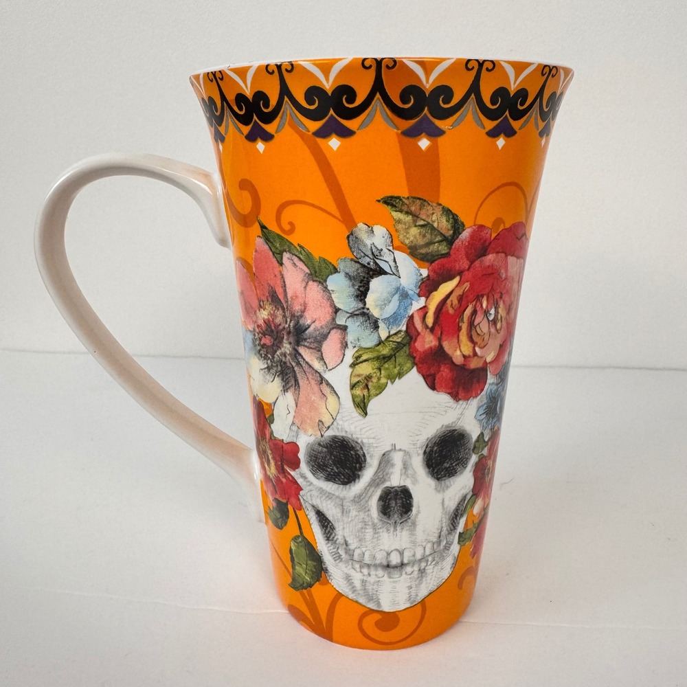 222 Fifth Marbella Skull Tall Mug 20oz Orange Floral Day Of The Dead Halloween